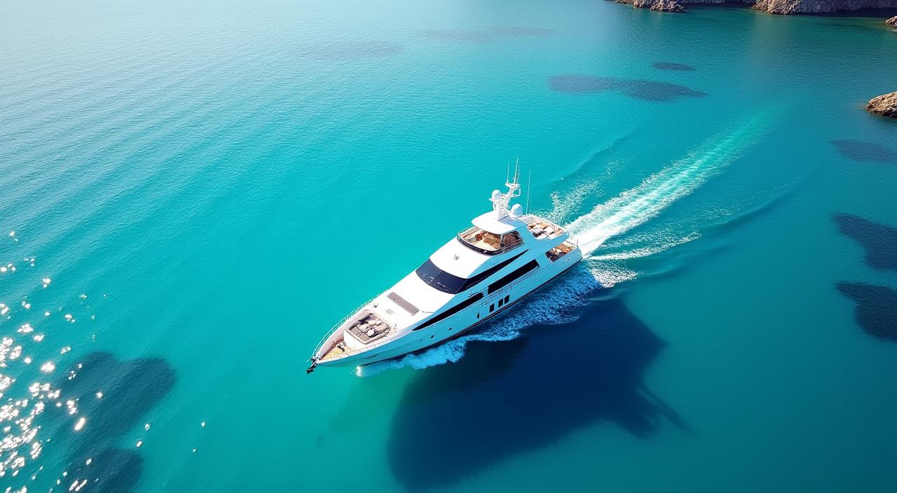 Veduta aerea di uno yacht di lusso che naviga nel mare cristallino della Versilia.